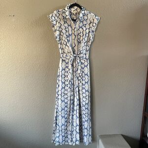 Rebecca Taylor Maxi Dress Womens 0 White Blue  Abstract Silk Button Up Tie Front